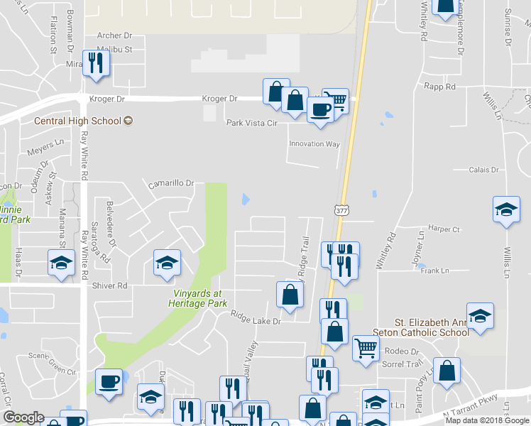 map of restaurants, bars, coffee shops, grocery stores, and more near 5745 Dunraven Trail in Fort Worth