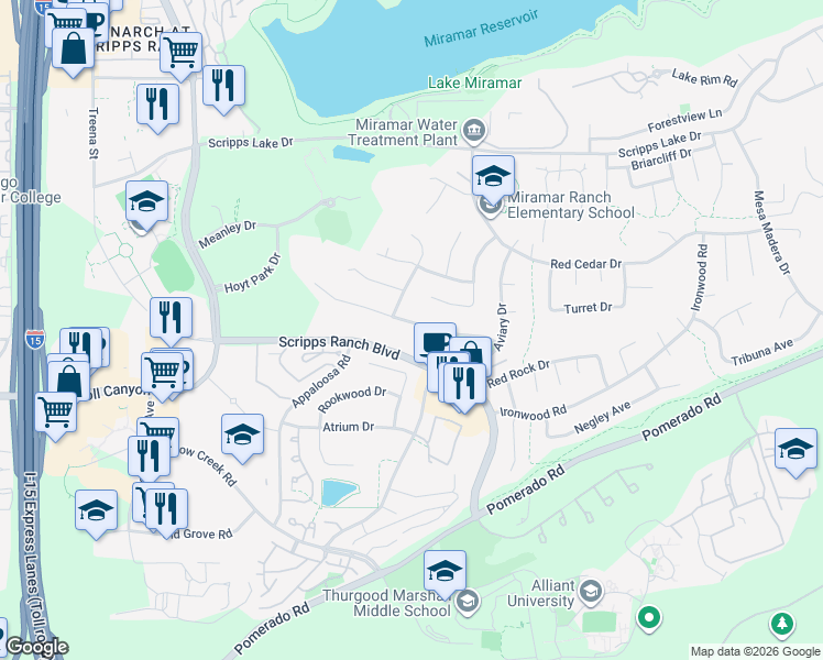 map of restaurants, bars, coffee shops, grocery stores, and more near 10665 Canyon Lake Drive in San Diego
