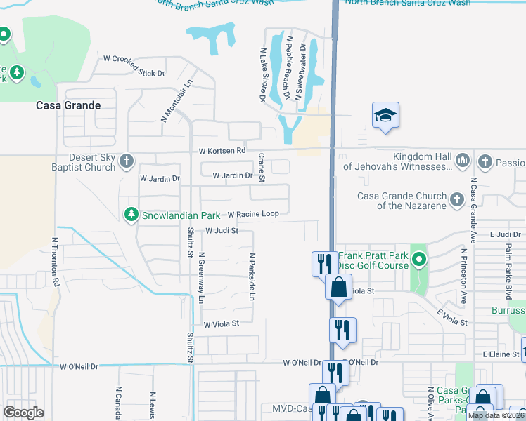 map of restaurants, bars, coffee shops, grocery stores, and more near 590 West Racine Loop in Casa Grande