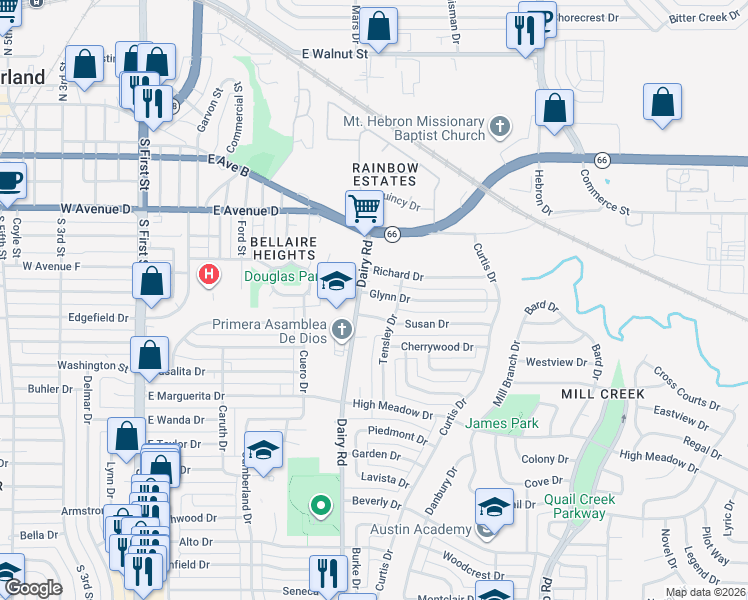 map of restaurants, bars, coffee shops, grocery stores, and more near 910 Glynn Drive in Garland