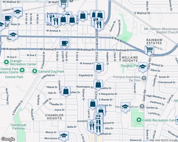 map of restaurants, bars, coffee shops, grocery stores, and more near 108 West Avenue G in Garland