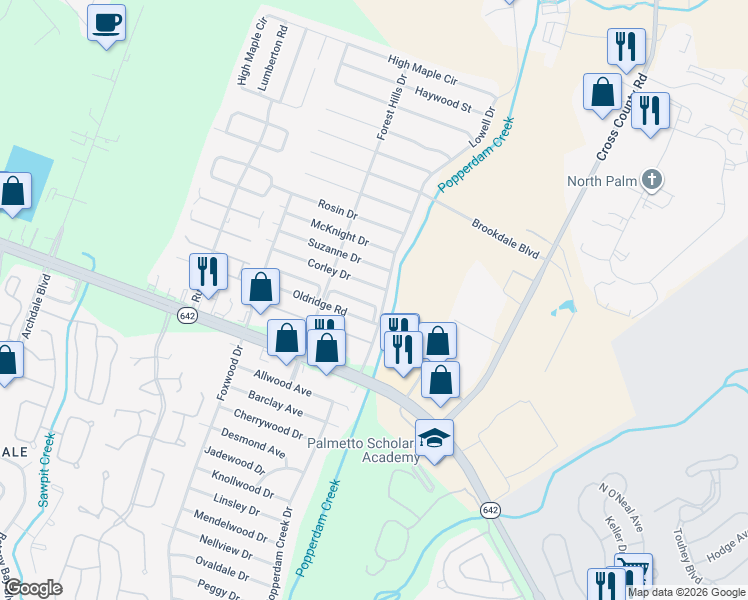 map of restaurants, bars, coffee shops, grocery stores, and more near 7616 Valleyview Circle in North Charleston