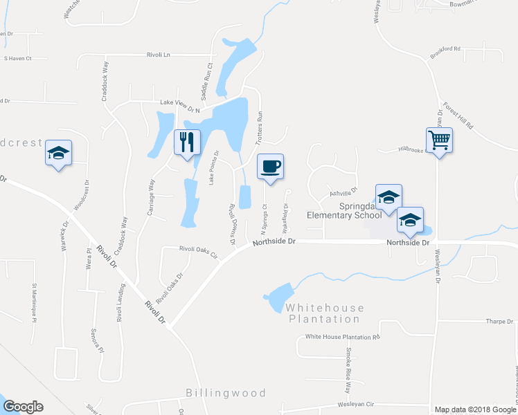 map of restaurants, bars, coffee shops, grocery stores, and more near 136 North Springs Court in Macon
