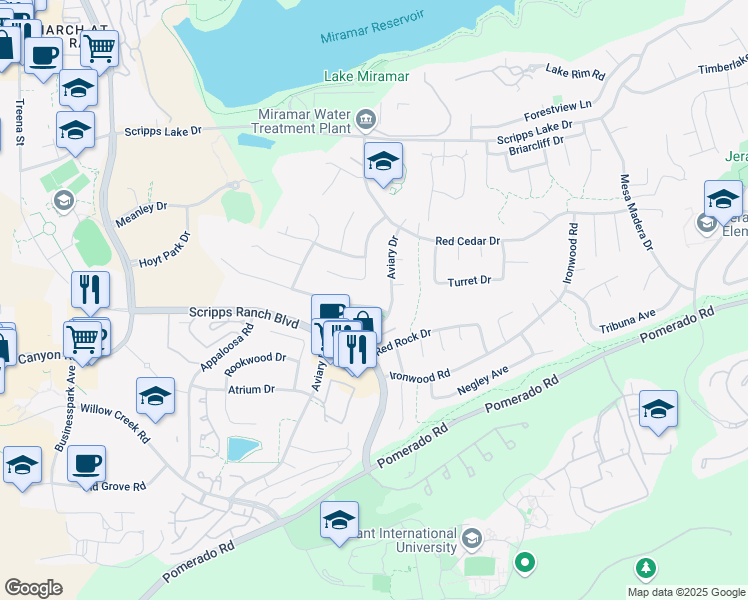 map of restaurants, bars, coffee shops, grocery stores, and more near 10850 Canyon Lake Drive in San Diego