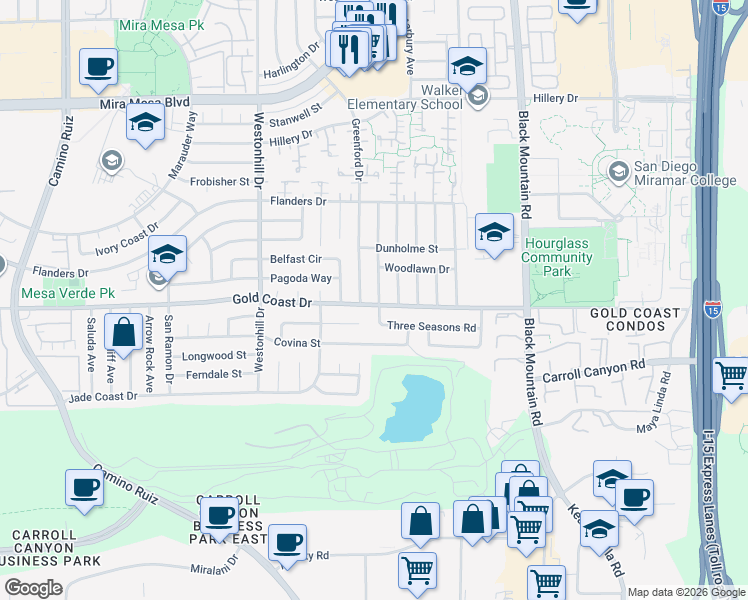 map of restaurants, bars, coffee shops, grocery stores, and more near 10336 Londonderry Avenue in San Diego