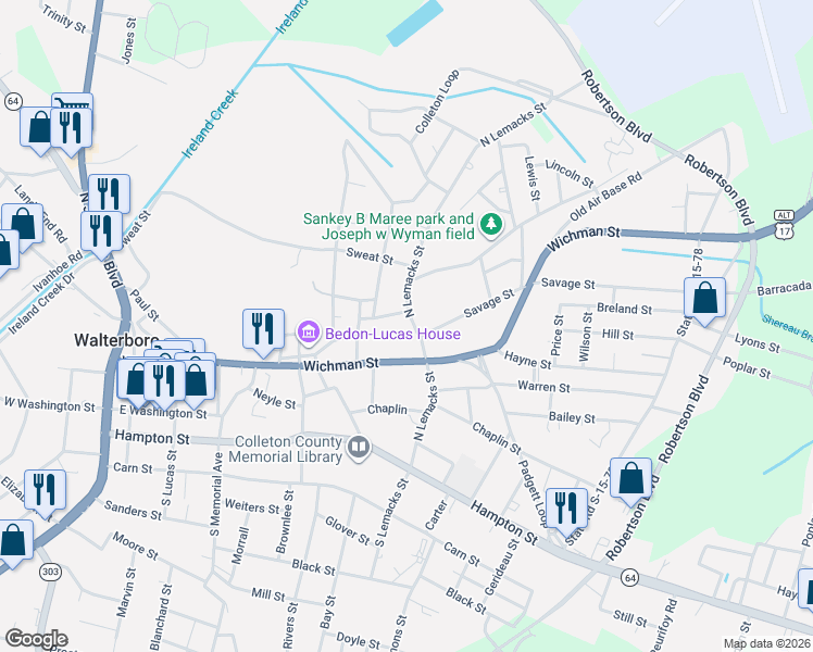 map of restaurants, bars, coffee shops, grocery stores, and more near 609 North Lemacks Street in Walterboro