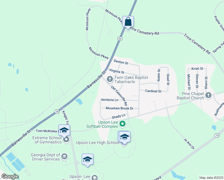 map of restaurants, bars, coffee shops, grocery stores, and more near 76 Old Yatesville Road in Thomaston