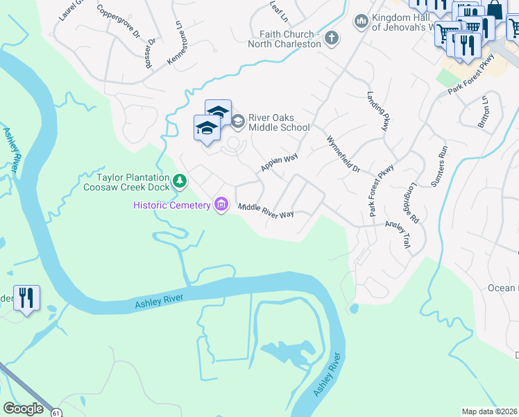 map of restaurants, bars, coffee shops, grocery stores, and more near 8444 Middle River Way in North Charleston