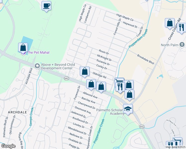 map of restaurants, bars, coffee shops, grocery stores, and more near 7733A Oldridge Road in North Charleston