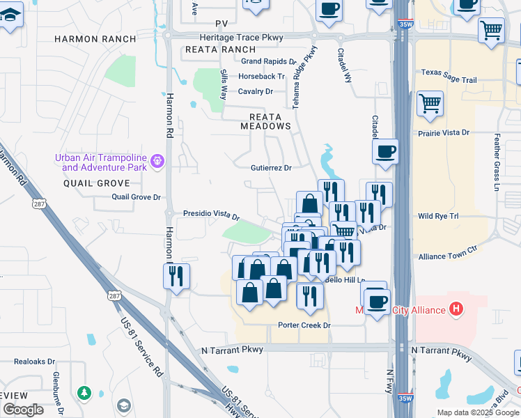 map of restaurants, bars, coffee shops, grocery stores, and more near 2399 Whistler Creek Drive in Fort Worth