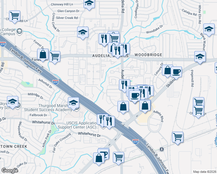 map of restaurants, bars, coffee shops, grocery stores, and more near 9832 Summerwood Circle in Dallas