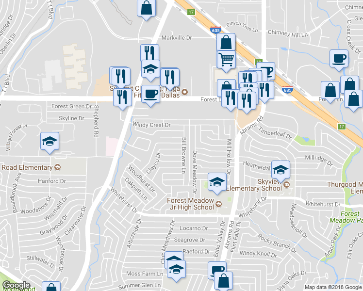 map of restaurants, bars, coffee shops, grocery stores, and more near 9131 Clayco Drive in Dallas