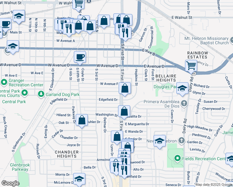 map of restaurants, bars, coffee shops, grocery stores, and more near 108 West Avenue G in Garland