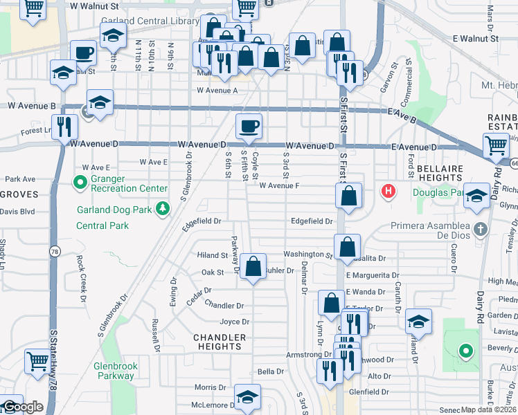 map of restaurants, bars, coffee shops, grocery stores, and more near 400 West Avenue G in Garland