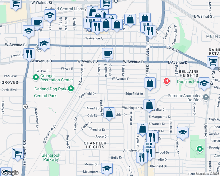 map of restaurants, bars, coffee shops, grocery stores, and more near 400 West Avenue G in Garland