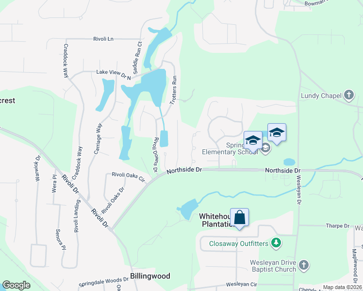 map of restaurants, bars, coffee shops, grocery stores, and more near 133 North Springs Court in Macon