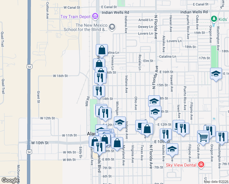 map of restaurants, bars, coffee shops, grocery stores, and more near 1411 Michigan Avenue in Alamogordo