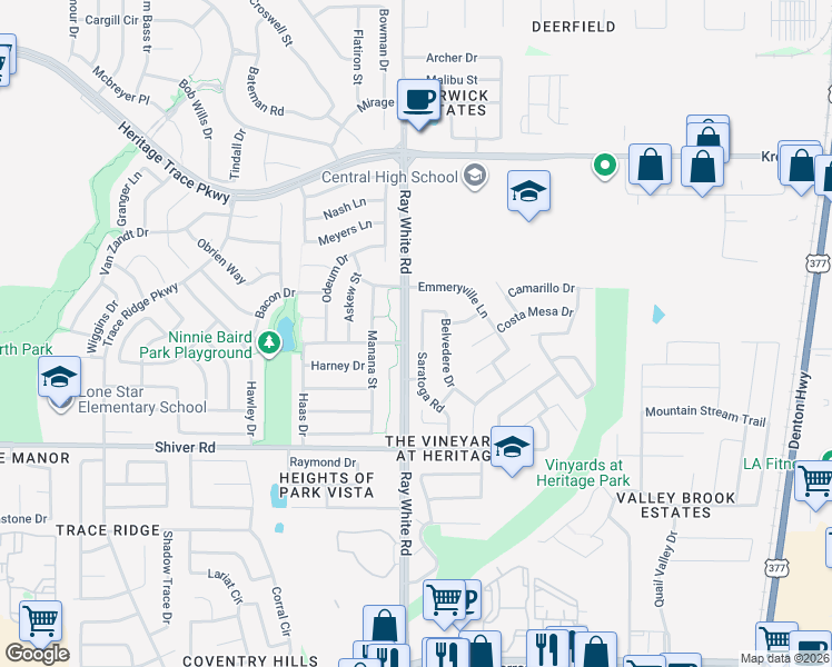 map of restaurants, bars, coffee shops, grocery stores, and more near 9121 Saratoga Road in Fort Worth