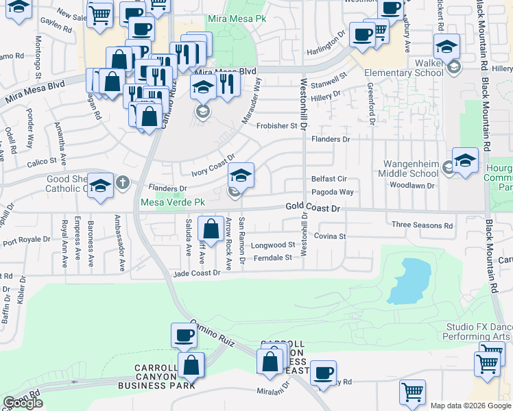 map of restaurants, bars, coffee shops, grocery stores, and more near 8621 Gold Coast Drive in San Diego