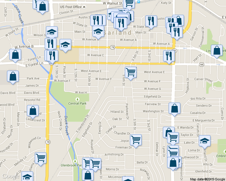 map of restaurants, bars, coffee shops, grocery stores, and more near 810 South 7th Street in Garland