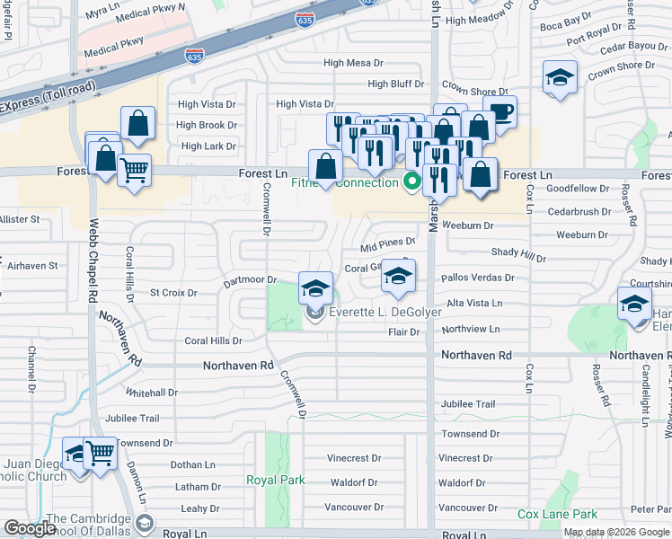 map of restaurants, bars, coffee shops, grocery stores, and more near 11505 Sonnet Drive in Dallas