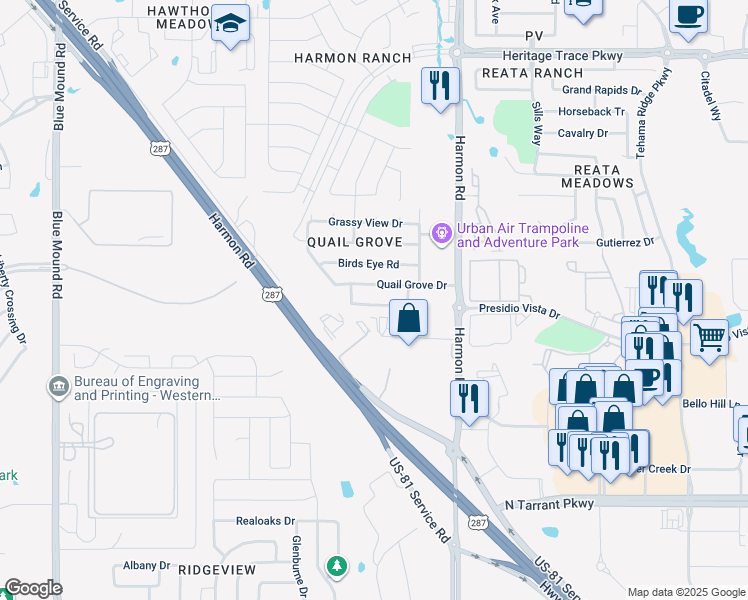 map of restaurants, bars, coffee shops, grocery stores, and more near 1624 Quail Springs Circle in Fort Worth