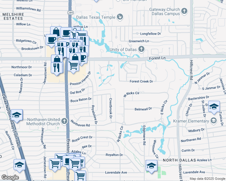 map of restaurants, bars, coffee shops, grocery stores, and more near 6265 Boca Raton Drive in Dallas