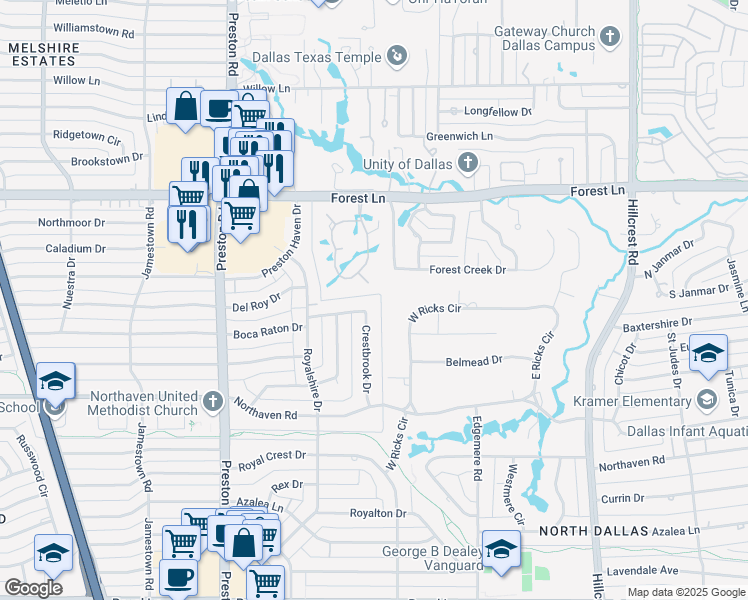 map of restaurants, bars, coffee shops, grocery stores, and more near 6265 Boca Raton Drive in Dallas