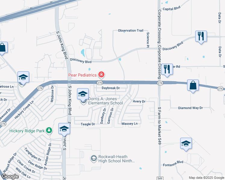 map of restaurants, bars, coffee shops, grocery stores, and more near 2540 Wagonwheel Drive in Rockwall