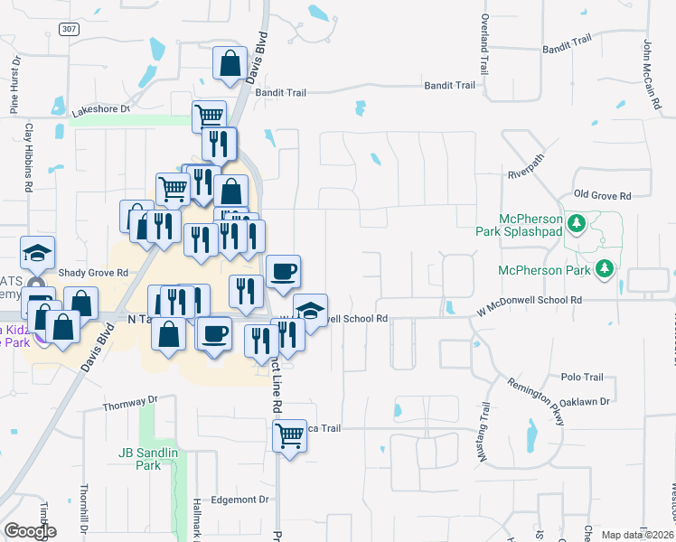 map of restaurants, bars, coffee shops, grocery stores, and more near 6613 Herbert Road in Colleyville
