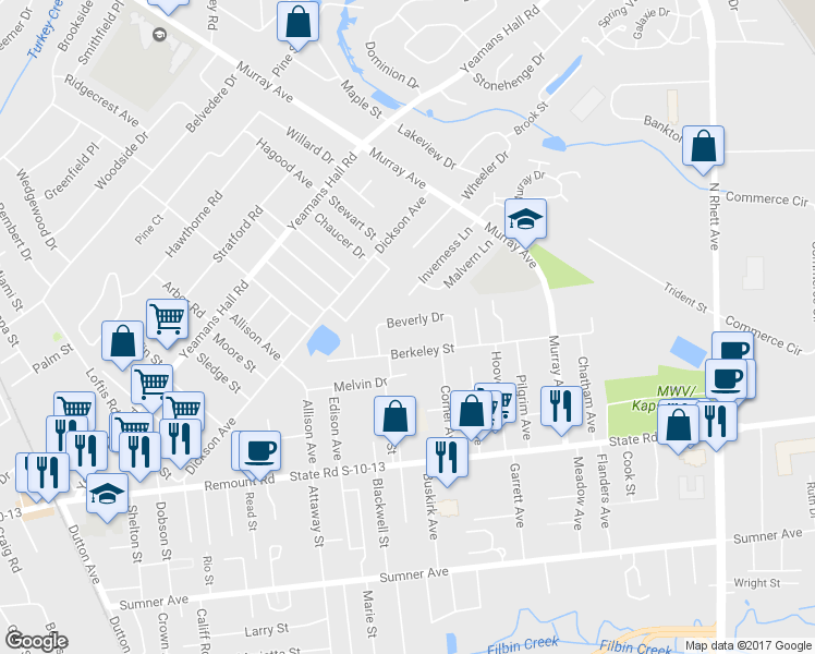 map of restaurants, bars, coffee shops, grocery stores, and more near 5829 Beverly Drive in Hanahan
