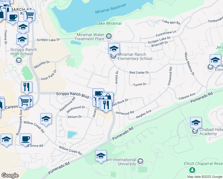 map of restaurants, bars, coffee shops, grocery stores, and more near 10850 Canyon Lake Drive in San Diego