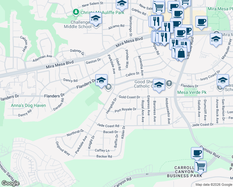 map of restaurants, bars, coffee shops, grocery stores, and more near 7906 Hemphill Drive in San Diego