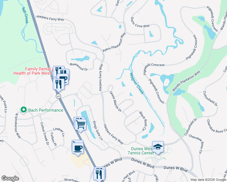 map of restaurants, bars, coffee shops, grocery stores, and more near 2101 Short Grass Court in Mount Pleasant