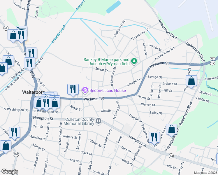 map of restaurants, bars, coffee shops, grocery stores, and more near 609 North Lemacks Street in Walterboro