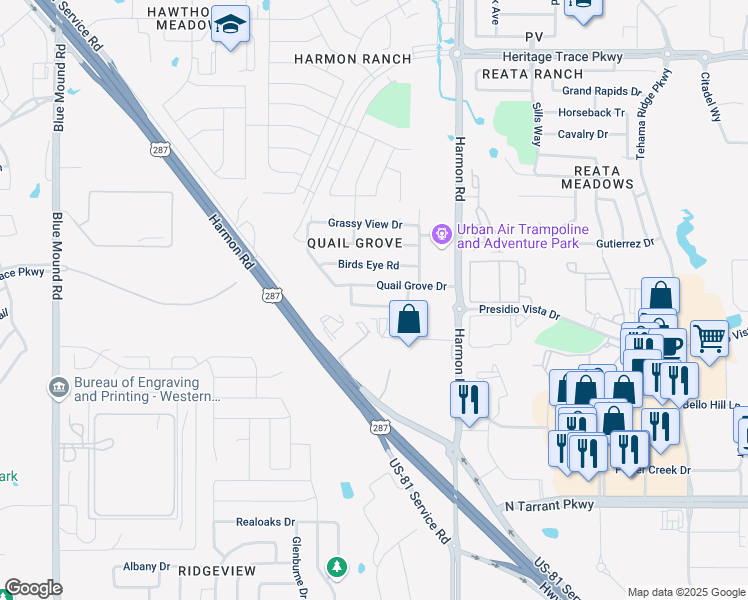 map of restaurants, bars, coffee shops, grocery stores, and more near 1624 Quail Springs Circle in Fort Worth