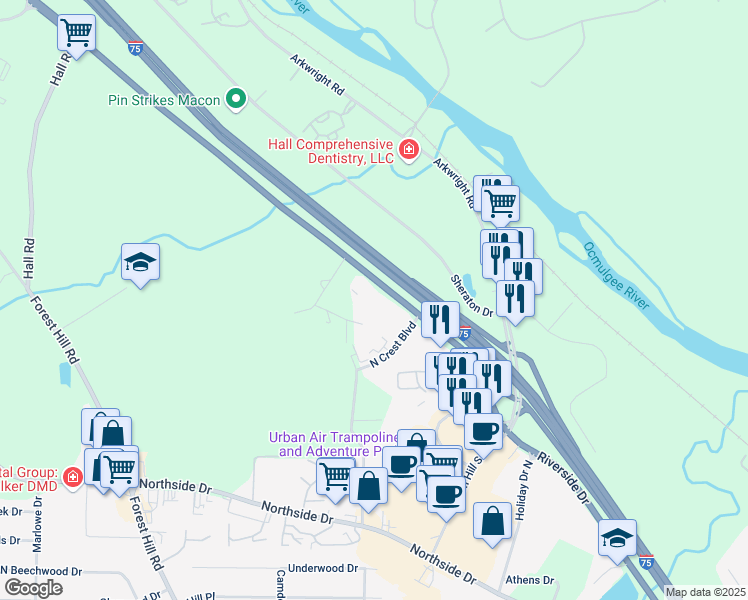 map of restaurants, bars, coffee shops, grocery stores, and more near 4040 Riverside Drive in Macon