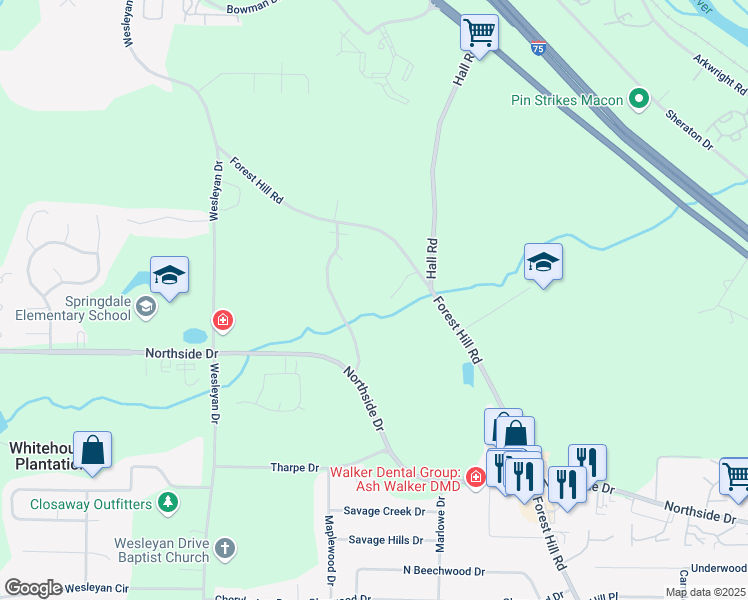 map of restaurants, bars, coffee shops, grocery stores, and more near 1950 Bates Court in Macon