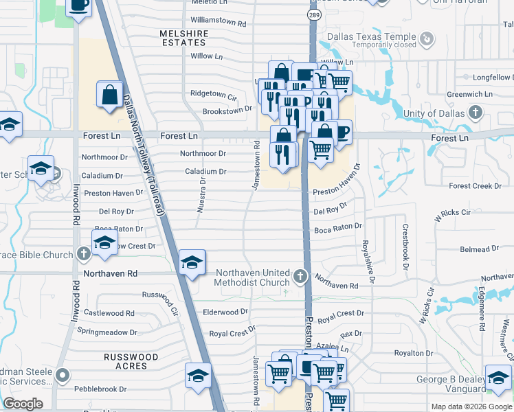 map of restaurants, bars, coffee shops, grocery stores, and more near 5819 Del Roy Drive in Dallas