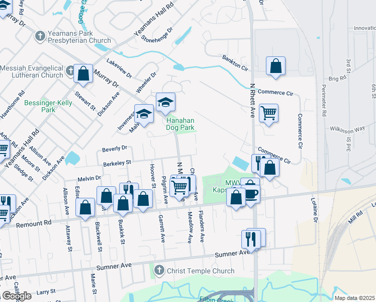 map of restaurants, bars, coffee shops, grocery stores, and more near 1092 Berkeley Street in Hanahan
