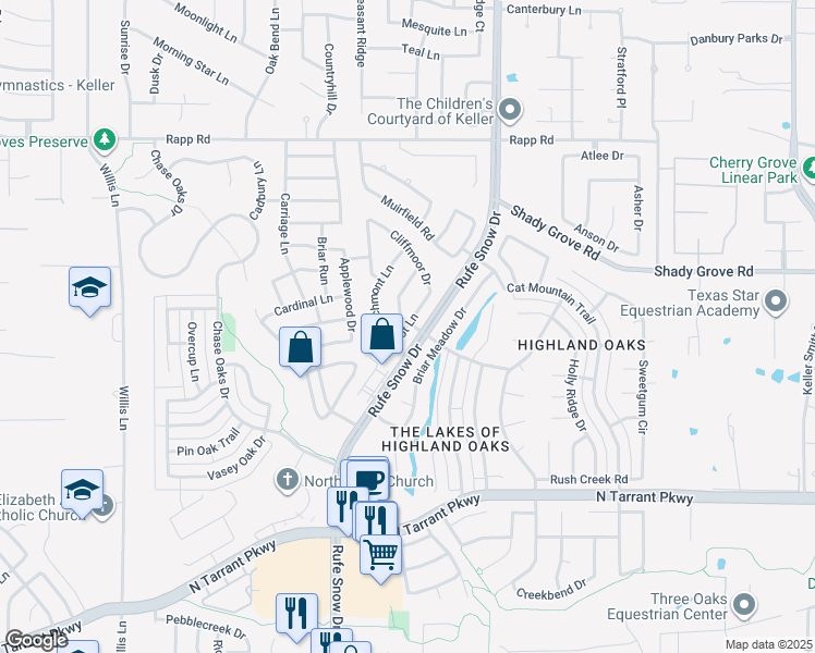 map of restaurants, bars, coffee shops, grocery stores, and more near 1605 Scot Lane in Keller