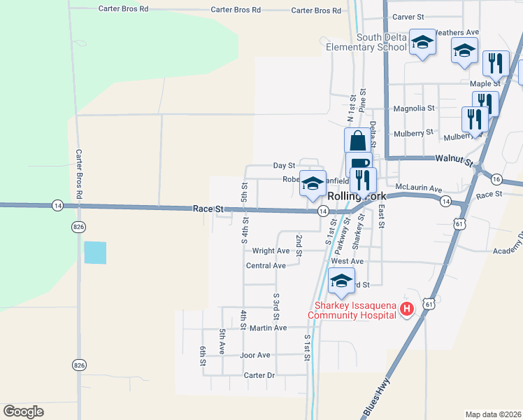 map of restaurants, bars, coffee shops, grocery stores, and more near 301 Race Street in Rolling Fork