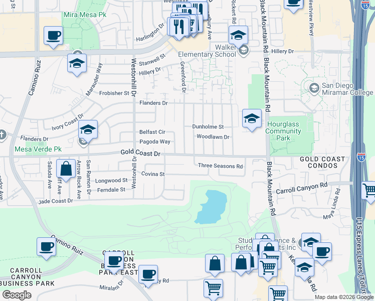 map of restaurants, bars, coffee shops, grocery stores, and more near 10343 Greenford Drive in San Diego