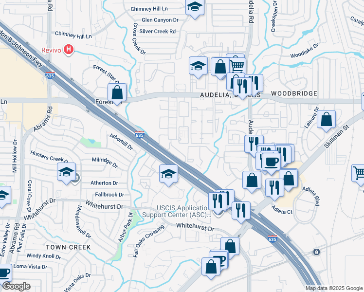map of restaurants, bars, coffee shops, grocery stores, and more near 9670 Forest Lane in Dallas