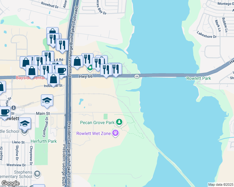 map of restaurants, bars, coffee shops, grocery stores, and more near 5100 Edgewater Drive in Rowlett