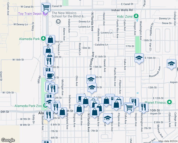 map of restaurants, bars, coffee shops, grocery stores, and more near 1404 North Florida Avenue in Alamogordo