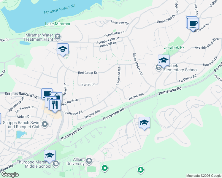 map of restaurants, bars, coffee shops, grocery stores, and more near 9955 Dichondra Place in San Diego
