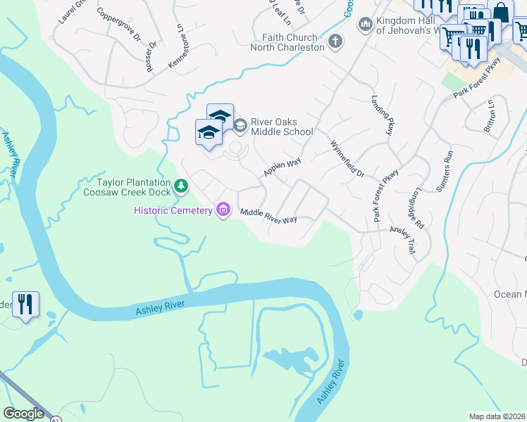 map of restaurants, bars, coffee shops, grocery stores, and more near 8467 Middle River Way in North Charleston