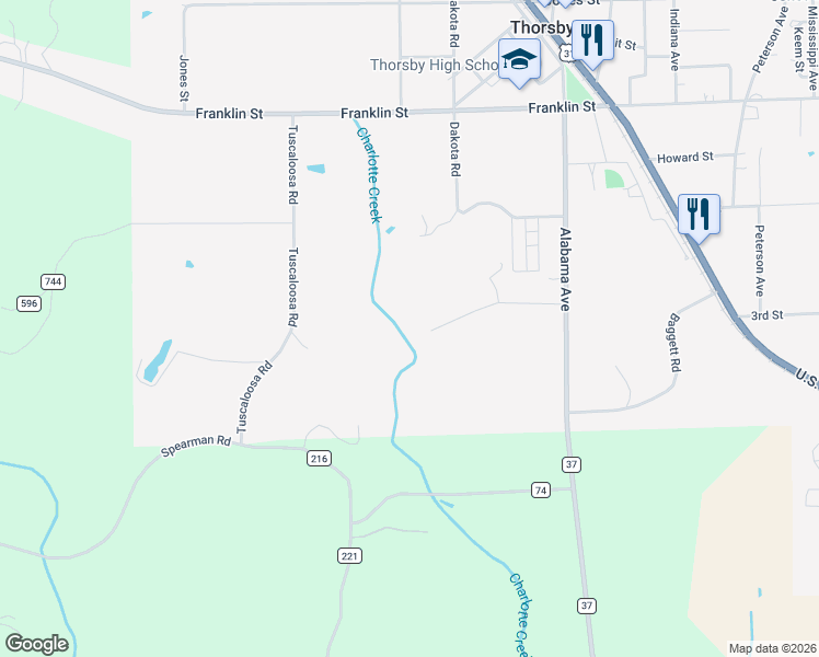 map of restaurants, bars, coffee shops, grocery stores, and more near Peachtree Drive in Thorsby
