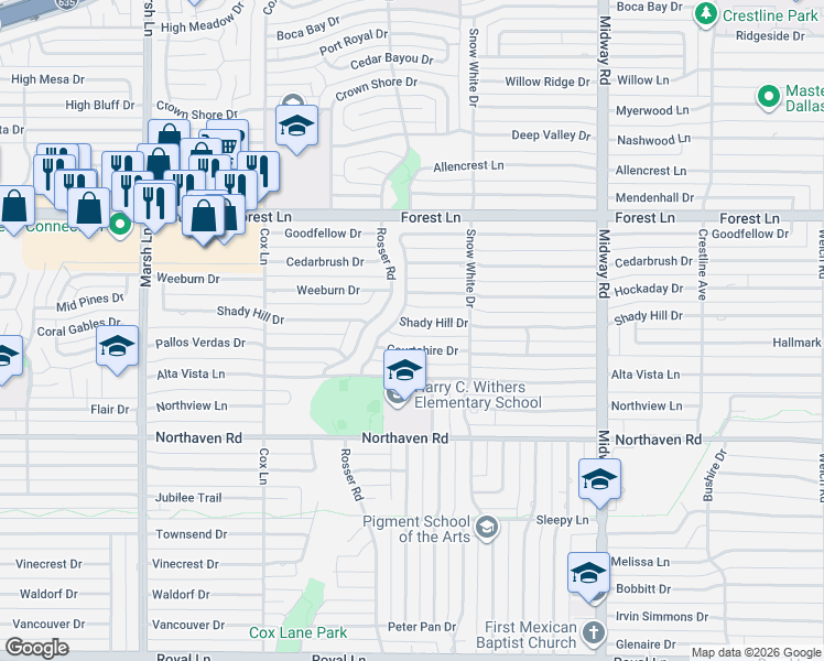 map of restaurants, bars, coffee shops, grocery stores, and more near 3929 Courtshire Drive in Dallas